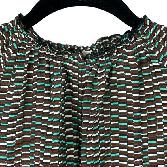 Apiece Apart Silk Blouse Top Womens Size 4 Brown Green White Geometric Print LS - Picture 2 of 8